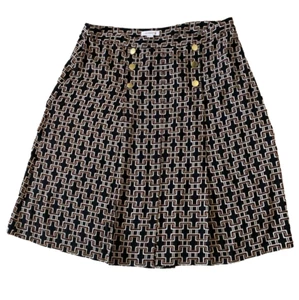 Liz Claiborne Black/Tan/White Geo Print Gold Buttons Dressy Pleated Skirt SZ 16 - Picture 1 of 11