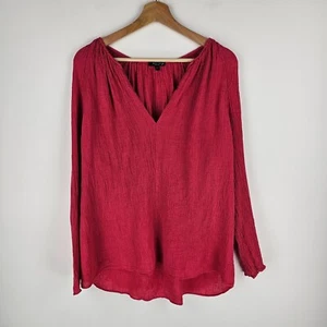 Massimo Dutti Top Womens Size M Dark Pink Crinkle 100% Linen Long Sleeve V Neck - Picture 1 of 6