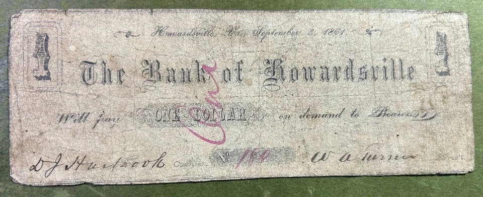 Confederate Bank of Howardsville, VA $1 note September 3, 1861 - Image 1 of 1