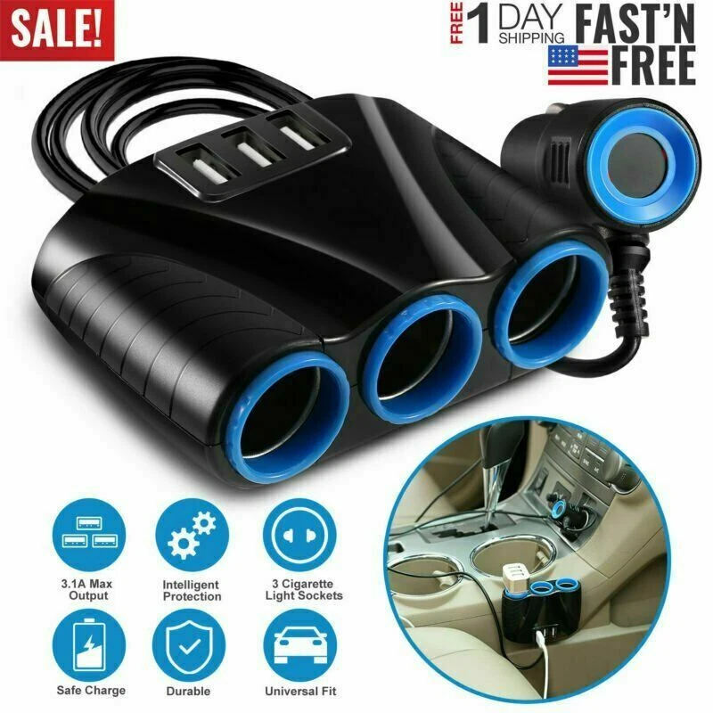 Divisor de enchufe de encendedor de cigarrillos de 3 vías 12 V tres USB cargador adaptador de corriente coche Foto 1 de 4