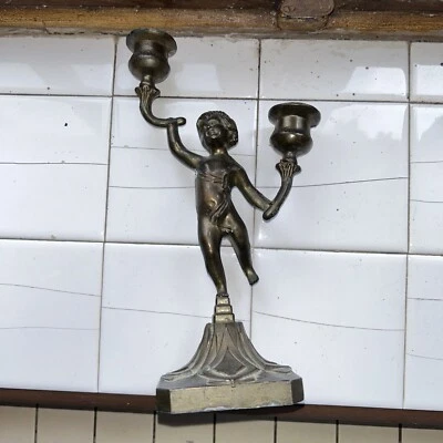 Ancien double bougeoir candélabre ange H24cm - Photo 1/4