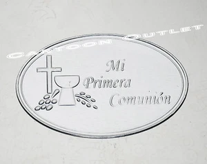 12 Recuerdos De COMUNION EMBOSSED TIN SIGN SILVER STICKERS First COMMUNION Sign - Picture 1 of 4