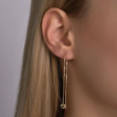 Heart Dangle Threader Earrings 14K Solid Gold Women Bar Drop Box Chain Earrings - Image 1 of 3