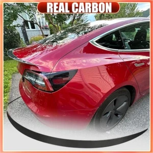 Fit For Tesla Model 3 Sedan 2016-2023 REAL CARBON Rear Trunk Lip Spoiler Wing  - Picture 1 of 10