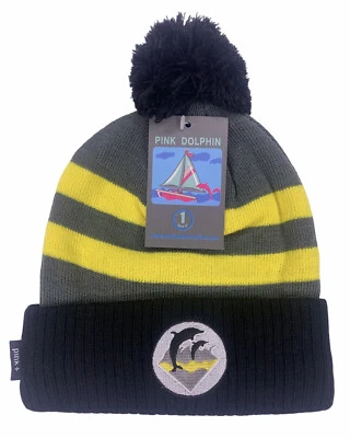 Chapéu de malha gorro golfinho rosa com listras amarelas e cinza Pom Pom novo com etiquetas - Imagem 1 de 4