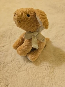 7" Carter's Prestige Brown Tan Puppy Dog Stuffed Plush Rattle Blue Gingham Bow - Picture 1 of 11