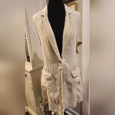 Chaleco Blazer TAHARI Lino Neutro Largo Sin Mangas Talla Mediana Foto 1 de 4