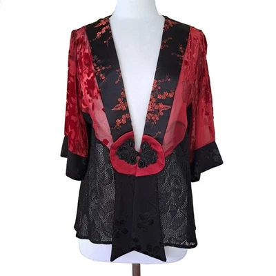 Spencer Alexis Vintage Black & Red Kimono Jacket Medium Velvet Lace Whimsigoth - Image 1 of 4