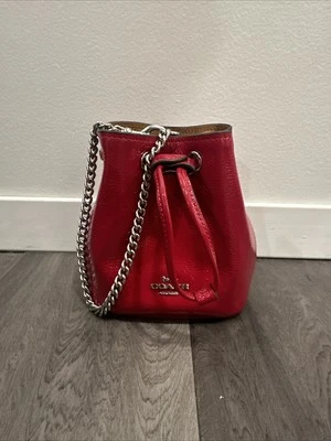 NEW Coach Drawstring Wristlet Pouch Bag in Silver /Red Patent Leather CZ028 - Image 1 of 4