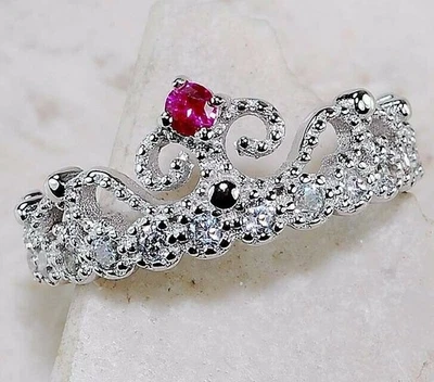 Tiara Treated Ruby & White Topaz 925 Solid Sterling Silver Ring Sz 6 MM1-3 - Image 1 of 3