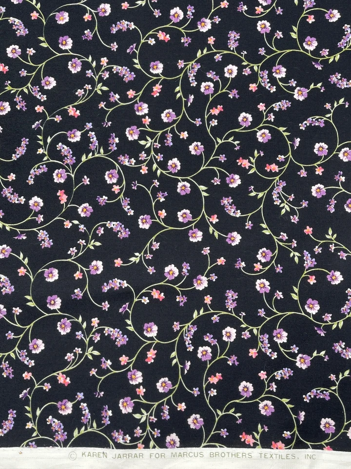 Karen Jarrar for Marcus Fabrics Pink Purple Floral Vines on Black 3 yds - Image 1 of 1