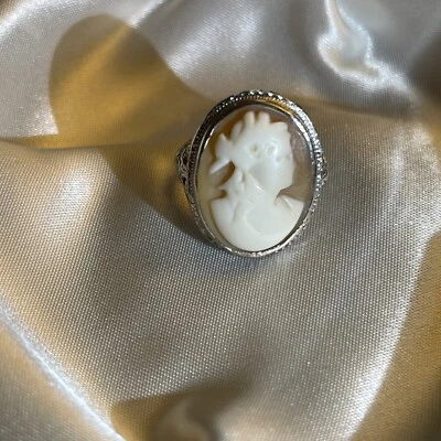 Anillo Camafeo Oro Blanco 14K Talla 3 Mujer’s Protección Ágata Joyería Vintage Italia Foto 1 de 4