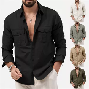 Camisa cargo informal ajustada manga larga con botones blusa para hombre - Imagen 1 de 13