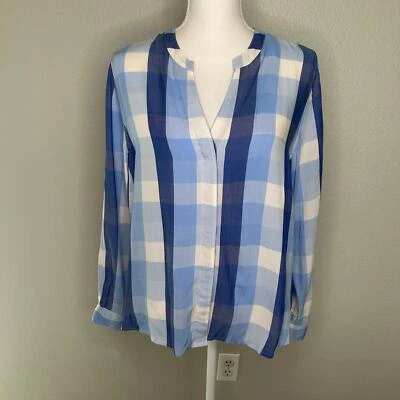 Tommy Bahama Mujer Viscosa Azul Cuadros Henley Botón Abajo Manga Larga Blusa M Foto 1 de 4