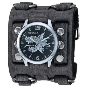 Black/Silver Dragon Head Watch with Black Wide Detail Leather Cuff Band FWB903K - Picture 1 of 3