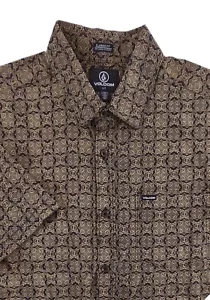 Volcom Shirt Mens Small Gold Black Button Up Scaler Classic Fit Tribal Geometric - Picture 1 of 8