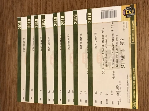 8 NHRA Gatornationals Tickets/Will ship UPS Next Day Air at my expense Cover