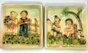 Vintage Chalkware/Plaster Square Wall Plagues Set of 2 Boy Musical Girl Flowers - Picture 1 of 10