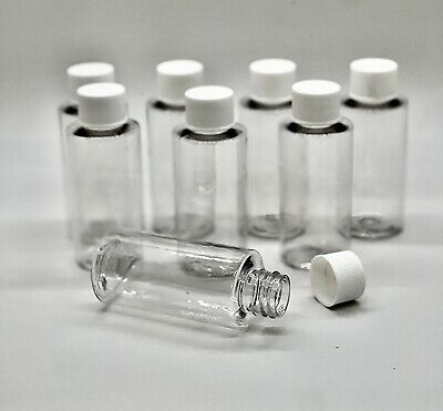 10 Pack- 2oz PET Clear Plastic Bottles W / WHITE SCREW Caps / Viaje / Recarga • 11.21€