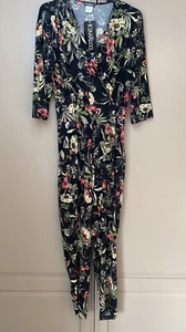Kim & Co Brazil Knit Jumpsuit Small 38”Petite Black Floral Cold Shoulder New Tag - Picture 1 of 11