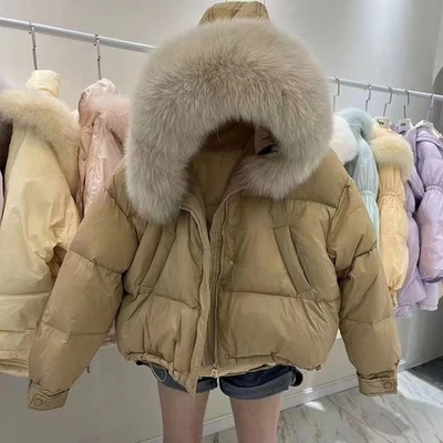 Jaqueta feminina de gola grande de pele branca coreana casaco solto curto espessado  - Imagem 1 de 4