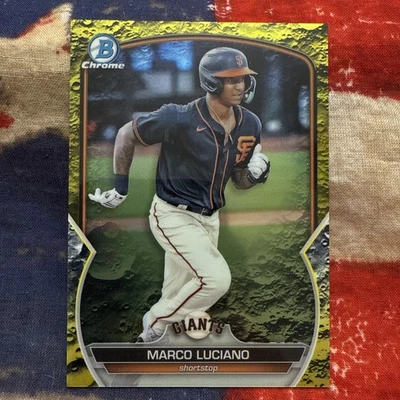 2023 Bowman Chrome Yellow Lunar Crater 32/75 MARCO LUCIANO #BCP-43 Giants - Image 1 of 3