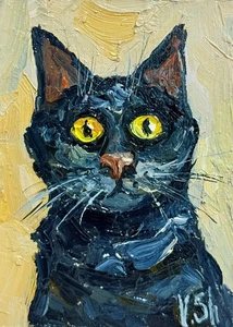 Arte firmado ACEO Divertido Gato Negro Original Pintura al Óleo Retrato Animal Mascota - Imagen 1 de 9