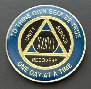 Alcoholics Anonymous AA 37 Blue Years Recovery Token Coin Chip - Picture 1 of 2