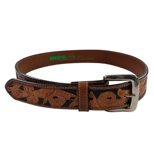 RESISTOL Tooled Buckle Belt 32/80 Full Grain Leather Western Cowboy Brown - Picture 1 of 6