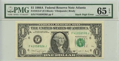 1988A $1 FRN Atlanta Fr# 1915-F PMG Gem65 EPQ Stuck Digit Error - Image 1 of 2