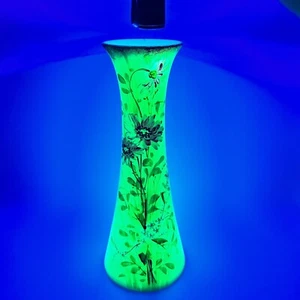 Victorian Forget Me Not Daisy Handpainted Milk Glass Vase Uranium Flowers - Picture 1 of 14