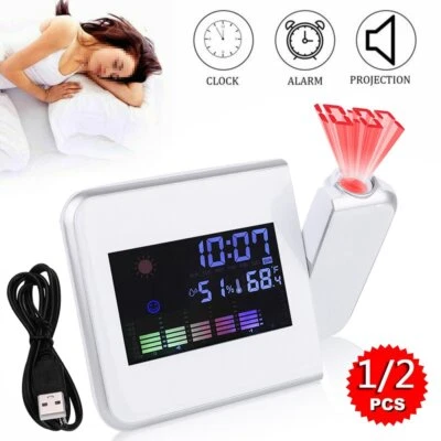 Digital LCD Alarm Wecker mit Uhr Projektion Snooze Datum Temperatur USB Tischuhr - Bild 1 von 4