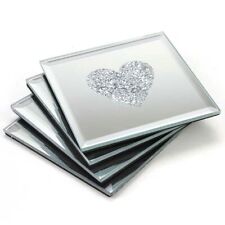 Set of 4 Silver Love Heart Sparkle Glitter Mirrored Glass Coaster Mat Home Decor