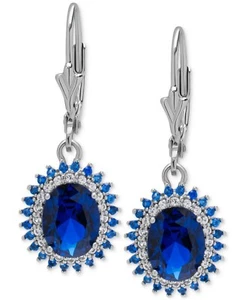 Lab Grown Blue Spinel & White Sapphire Oval Halo Leverback Drop Earrings Silver - Bild 1 von 2