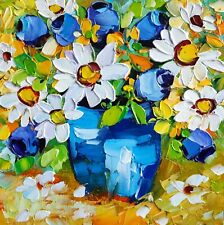 original oil painting Tulips Daisy flowers vase artwork floral abstract wall art