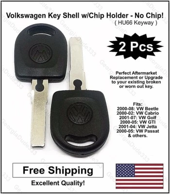 Paquete de 2: ¡Carcasa de llave del mercado de accesorios Volkswagen VW con soporte para chip! (Sin chip transpondedor) Foto 1 de 3