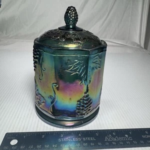 Vintage Indiana Carnival Glass Canister Jar Grapes Blue Green Purple - Picture 1 of 4