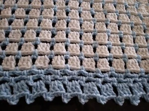 Handmade NEW crochet baby blanket Soft White & Blue Afghan 31x31" Box Stitch - Picture 1 of 2