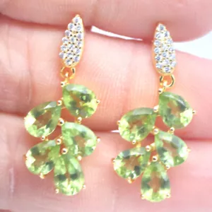 Sin Calentar Piedra Preciosa Verde Peridoto & Blanco Circonita Pendientes 925 - Imagen 1 de 4