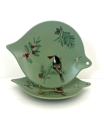 (2) Pfaltzgraff Winterwood Chickadee Ornament Shaped Cookie Plates 2 Sets Avail - Image 1 of 4