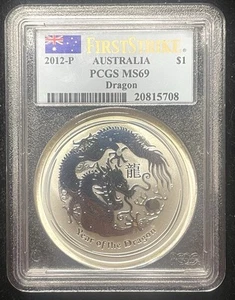 2012 AUSTRALIAN YEAR OF THE DRAGON 1 OZ 999 FINE SILVER PCGS MS 69 FIRST STRIKE - Picture 1 of 2