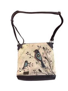 Chala Bird Canvas Crossbody Bag Brown Teal Vegan Leather Safari Tote Purse - Picture 1 of 13