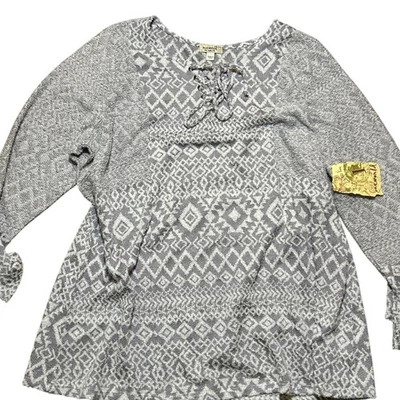 Suéter con cordones estampado azteca One World manga larga gris blanco para mujer 3X Foto 1 de 4