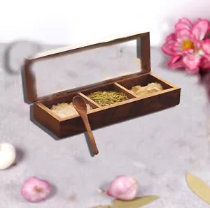 Wooden Spice Box for Kitchen with Spoon (Sheesham Wood,3 Partitions) - Picture 1 of 4