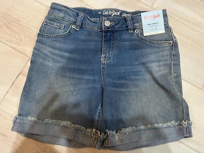 NEW girls CAT& JACK DENIM JEAN SHORTS midi ADJUSTABLE WAIST stretchy BLUE 10-12 - Image 1 of 3