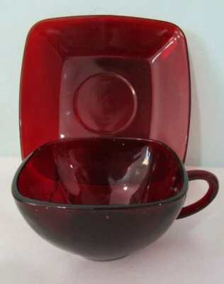 Charm Ruby Red Glass Square Cup and Saucer Set by Anchor Hocking 1950-56 EUC - Image 1 of 4