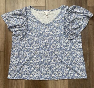 Lauren Conrad Top Shirt Floral Blue Flutter Sleeve Tee White Women’s XXL - Picture 1 of 12