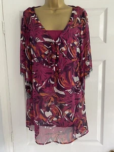Principles 2 piece Sheer Tunic top. Purple Floral Retro Print Beading Size 10 - Picture 1 of 11