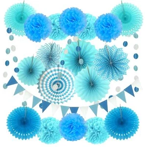 Party Decoration, 21 Pcs Blue Hanging Paper Fans, Pom Poms Flowers, Garlands ... - Picture 1 of 7
