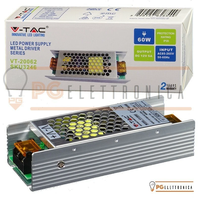 Alimentatore V-Tac 12v 5A SLIM 60w metallico stabilizzato trasformatore IP20 - Immagine 1 di 1